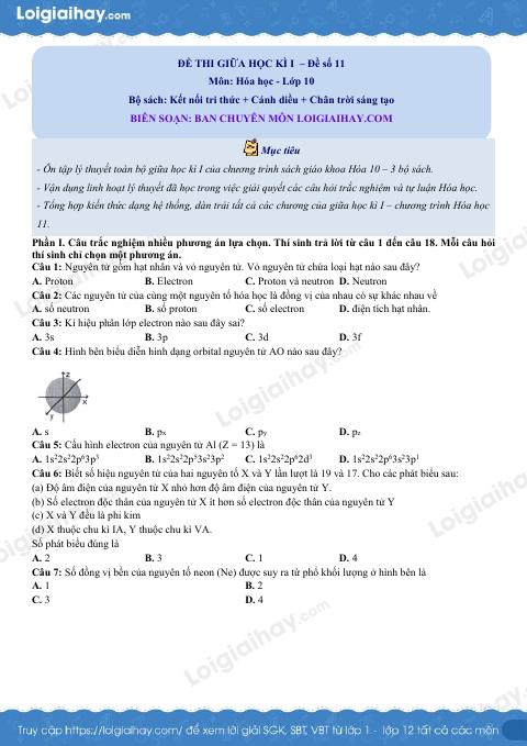 Đề thi giữa kì 1 Hóa 10 Chân trời sáng tạo - Đề số 11